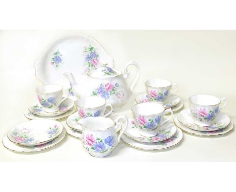 Royal Albert Sweet Pea set, comprising of five cups, six saucers and side plates, cake plate, cream jug and teapot. All first