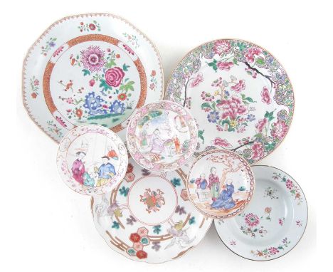 Collection of Chinese export porcelain, to include three saucers, a bowl, and a dish, also a Japanese dish and a Samson Paris