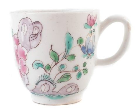 Bow good coffee cup circa 1755, painted in famille rose style with chrysanthemum and holed rocks, 5.5cm highCONDITION REPORT: