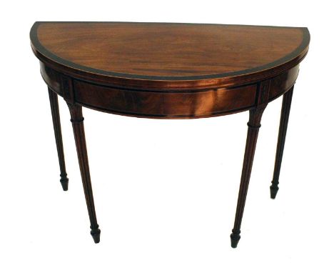 Gillows, Lancaster, early 19th century figured mahogany demi-lune foldover card table, top with ebonised cross-banding and bo