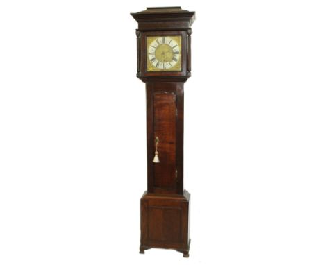 Stringer Stockport longcase clock, 30 hr movement striking on a single bell, 11" brass dial with silvered chapter ring, singl