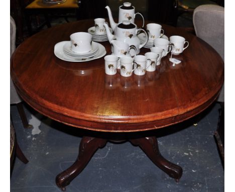 A Victorian mahogany breakfast table with circular tilt top on carved cabriole tripod, dia:100cm