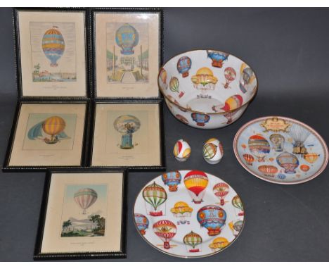 Of ballooning interest: a bowl, a plate and two graduated ovoid trinket boxes by Rococo, hand decorated with images of early 