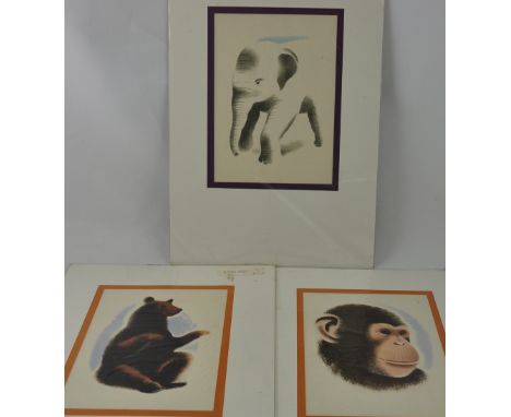 Three 1950s Eckersley prints of animals at the zoo, a hand-coloured print of Hereford Cathedral and Wye Bridge, a 1890 Vanity