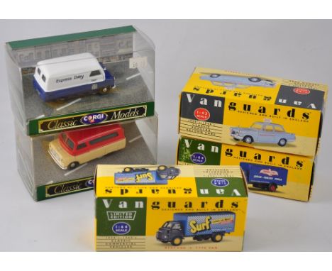 Three Vangaurds scale model vehicles (one a limited edition), together with two similar Corgi Classic examples, all with orig