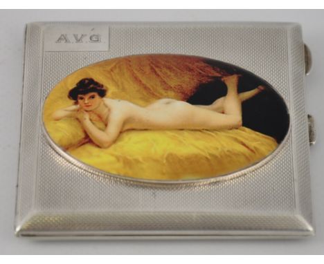 A silver calling card case with nude pictorial enamel