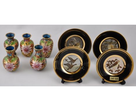 Five Chinese cloisonne enamel miniature vases, together with four small Japanese display plates