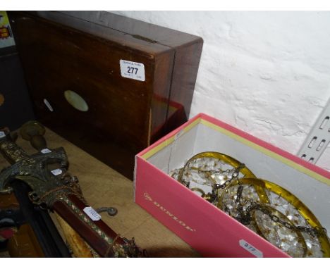 2 small hanging light fittings and a mahogany box