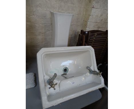 1930s "Pyramid" enamel wash basin & pedestal, & taps