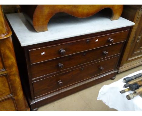 A Regency mahogany marble topped commode, with 3 long drawers, on bun feet, width 3' 7", height 2' 6"