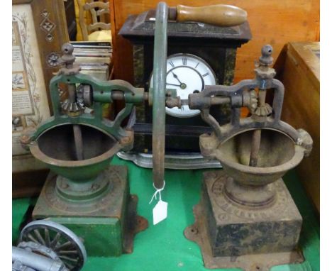French cast iron grocer's coffee grinder by Peugeot Freres Brevettes, and another, lacking drawer