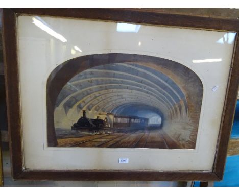 Antique print "Steam Engine & carriages under the bridge" The Hornet
