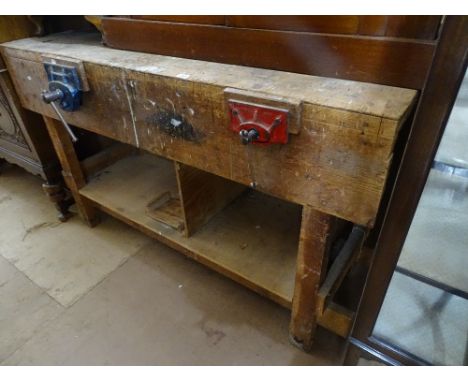 A Pine 2 tier work bench, with 2 vices, length 5', height 3', depth 1' 8"