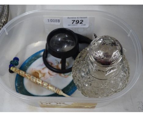 Silver top scent bottle, cut steel hat ornament, lace bobbin etc