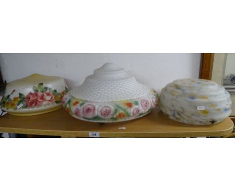 Large Art Deco hanging glass light bowl with moulded and painted flowers, and 2 smaller light bowls