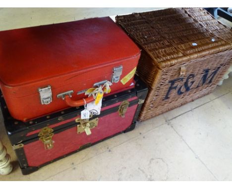Wicker hamper, trunk & suitcase