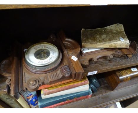Carved wood aneroid barometer & thermometer, & a 1714 book "Memoirs of St George"