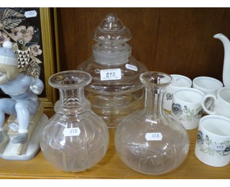 Vintage glass jar and cover, and 2 carafes