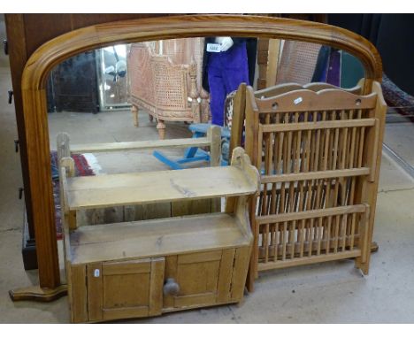 Pine overmantel mirror, pine plate rack & a hanging shelf