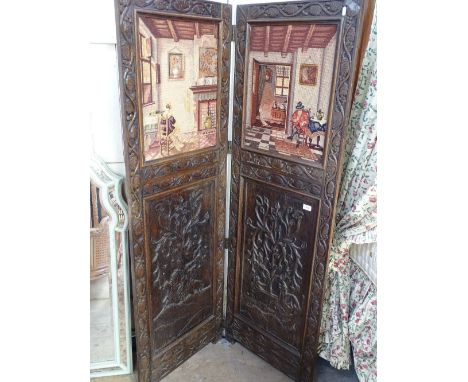 Antique carved oak 2 fold screen with tapestry panels