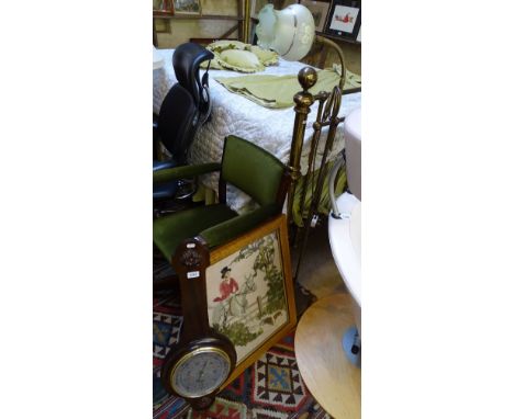 Oak framed tapestry, standard lamp & a barometer