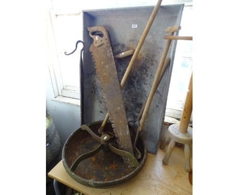 Victorian cast iron chicken feeder, galvanised bin, tools
