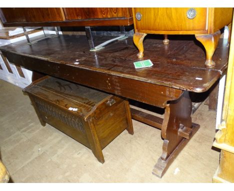 Vintage large  mahogany haberdashery shop table on lyre end supports, length 8' 3", height 2' 6"