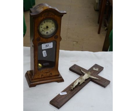 Tabletop inlaid longcase clock and a crucifix