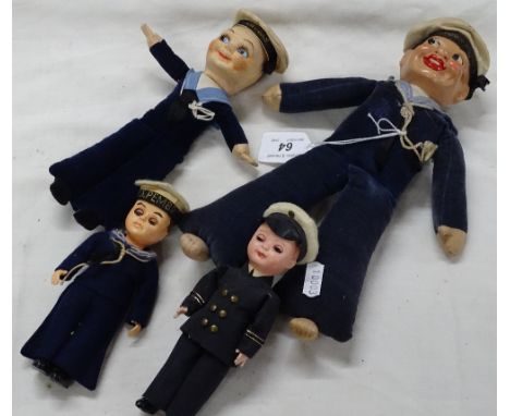 2 celluloid sailor dolls and 2 vintage velvet clothed sailor dolls, (4).