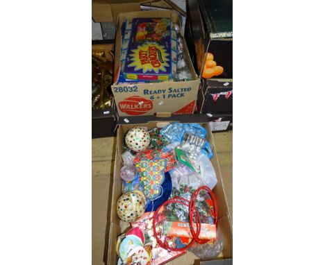 2 boxes of vintage Christmas tree decorations and garlands