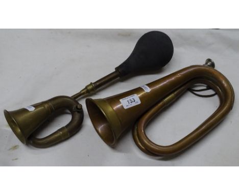 Copper and brass bugle and a brass car horn