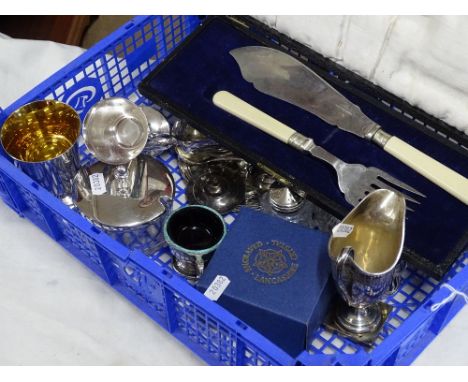 Cased plated fish server, goblets, ladle, silver cream jug & mustard pot