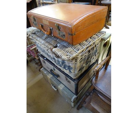 Wicker hamper, leather suitcase & 2 vintage trunks