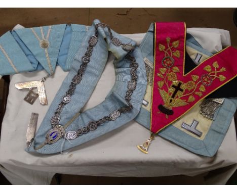 A Masonic St. Leonard's Lodge sash with silver chain and mounts, and another, (2).