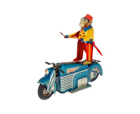Gama Affe auf Motorrad, Blech, CL, Uhrwerk intakt, LS und Alterungsspuren, L 17, Z 2-3
