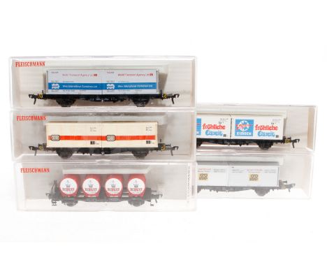 5 Fleischmann Güterwagen, Spur H0, Alterungsspuren, je im Karton, meist Z 2-3