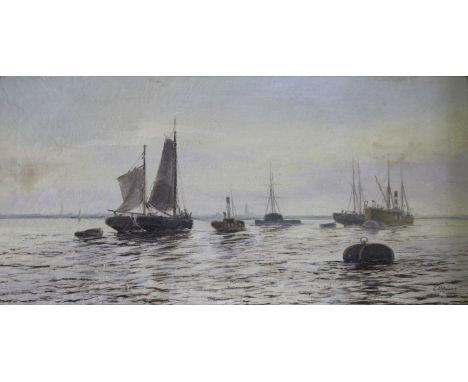 EDWIN HENRY EUGENE FLETCHER (1857-1945) VESSELS ON A BROAD RIVER AT DUSK A pair, both signed, oil on canvas Each 29.5 x 60cm.