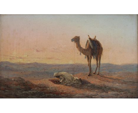 LUIGI MARIA GALEA (Maltese, 1847-1917) THE HOUR OF PRAYER: ARAB WITH A CAMEL IN THE DESERT Signed with initials, oil on board