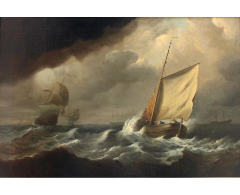 FOLLOWER OF JOHN MOORE OF IPSWICH (1820-1902) A FISHING BOAT AND OTHER VESSELS ON A ROUGH SEA Oil on canvas 60 x 90cm. ++ Unl
