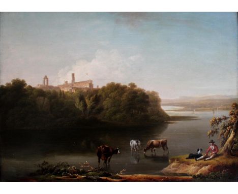 CHARLES TOWNE (1763-1840) YOUNG MAN AND A DOG TENDING CATTLE BY A RIVER IN AN ITALIANATE LANDSCAPE Signed, oil on panel 30 x 