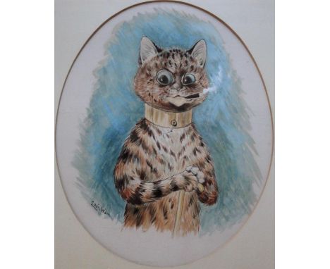 Vintage mounted coloured coloured Louis Wain cat print - cricket