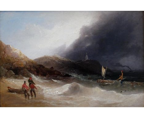 JAMES BAKER PYNE (1800-1870) WRECKERS ON A STORMY SHORE, A LIGHTHOUSE ON A CLIFF BEYOND Signed, oil on panel 23 x 34cm.. * Pr