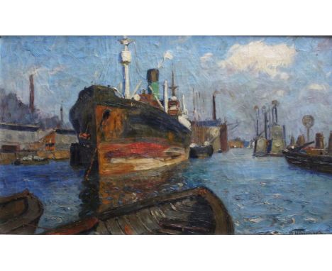 •REINHARD W. HEINEMANN (1895-1967) VESSELS IN AN INDUSTRIAL PORT Signed, oil on canvas 44.5 x 75cm. ++ Some craquelure; flake