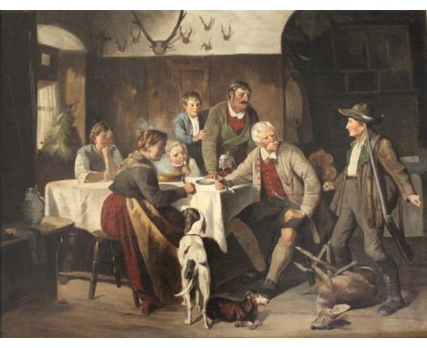 GERMAN SCHOOL, 19th CENTURY THE YOUNG HUNTSMAN'S FIRST DEER Oil on canvas 53 x 69cm. ++ Lined; associated retouching