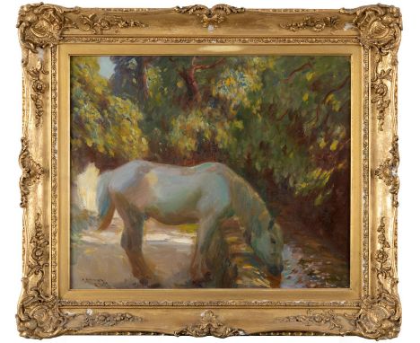 •SIR ALFRED JAMES MUNNINGS, PRA, RWS (1878-1959) THE WATERING POOL Signed A. J. Munnings, oil on canvas 48.5 x 59cm. Provenan