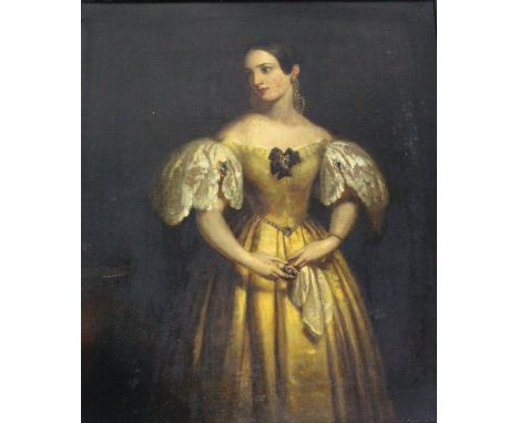 FOLLOWER OF THOMAS MUSGROVE JOY (1812-1866) PORTRAIT OF A YOUNG LADY Standing three quarter length, wearing an ochre dress wi