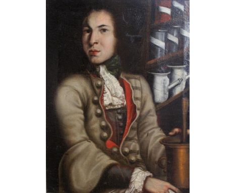 ANGLO-DUTCH SCHOOL, 17th CENTURY PORTRAIT OF A GENTLEMAN, POSSIBLY AN APOTHECARY Half length, wearing a buff coat with a red 