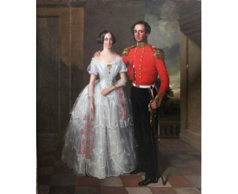 CIRCLE OF WILLIAM SALTER (1804-1875) PORTRAIT OF A UNIFORMED OFFICER WITH HIS WIFE, STANDING IN AN INTERIOR Oil on canvas, un