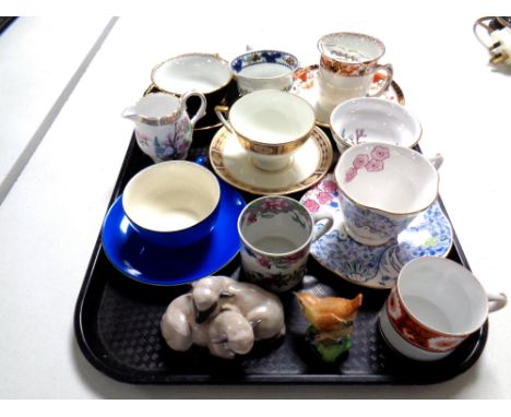 A tray containing antique and later tea ware, a Royal Worcester figure of a Wren and a Royal Copenhagen figure of two lambs