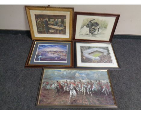An Edwardian colour print, The Signing of the Armistice, framed with four other framed prints including Charge of the Light B
